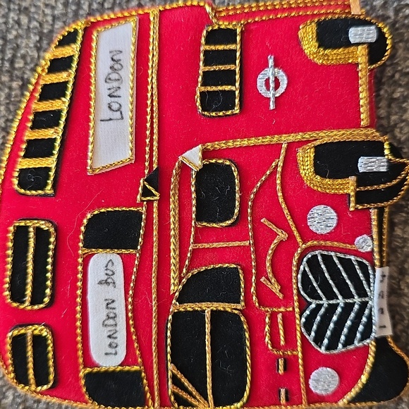 Historic Red Embroidered London Double Decker Bus Christmas Ornament - Picture 2 of 3